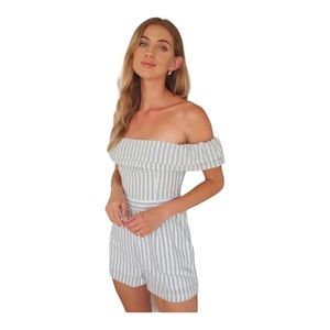 Lulu’s Nautical You Mine Sage Green Striped Off the Shoulder Romper
